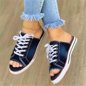 2020 Fashion Women Canvas Sandals Breathable Summer Slippers Lace Up Open Toe Ladies Faux Denim Flat Shoes Zapatos Mujer