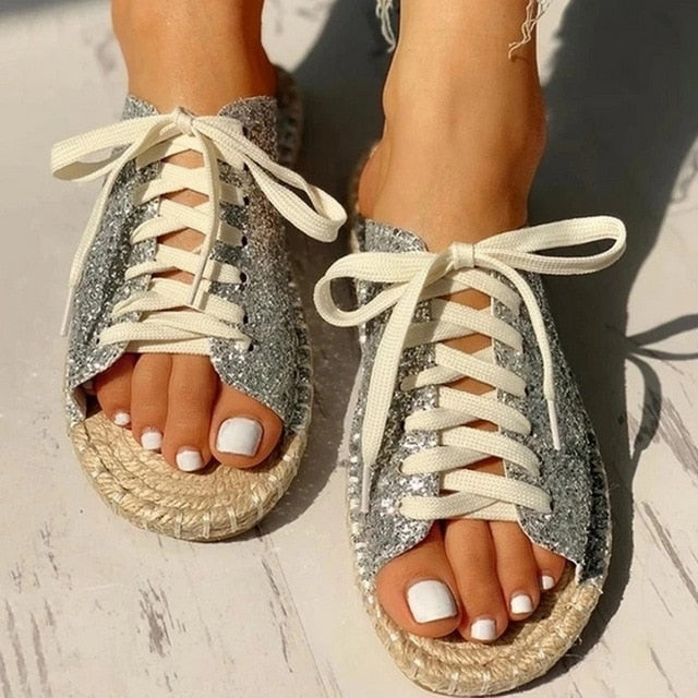 2020 Fashion Women Canvas Sandals Breathable Summer Slippers Lace Up Open Toe Ladies Faux Denim Flat Shoes Zapatos Mujer