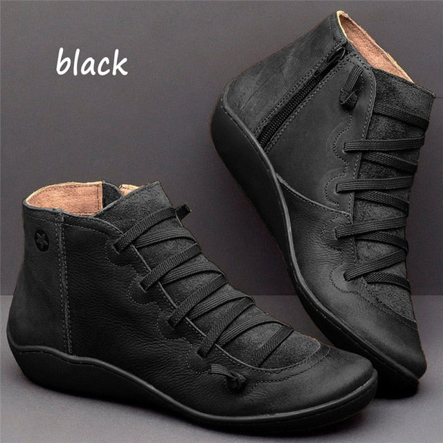 WEALTHY Women's PU Leather Ankle Boots Autumn Winter Cross Strappy Vintage Zipper Punk Boots Flat Short Snow Boots Lace Up Shoes