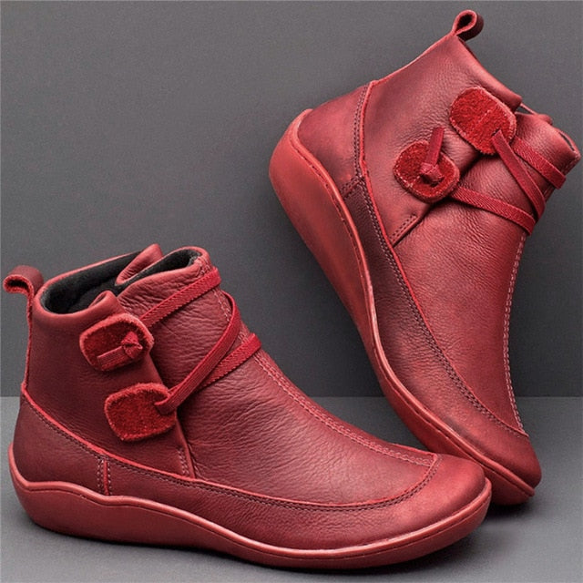 WEALTHY Women's PU Leather Ankle Boots Autumn Winter Cross Strappy Vintage Zipper Punk Boots Flat Short Snow Boots Lace Up Shoes