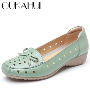 OUKAHUI Breathable Genuine Leather Summer Shoes Woman 2019 Flat Low Heel Bowknot Hollow Out Leather Slip On Shoes For Women Soft
